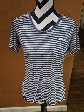 Women’s Navy and White Striped V-Neck Pocket Tee